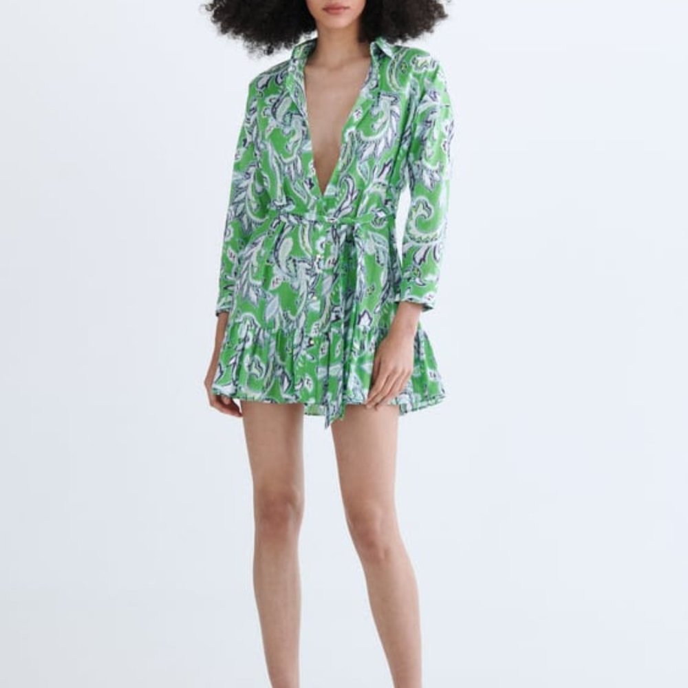 Zara | Women's Printed Shirt Dress | Blue-Green | Small